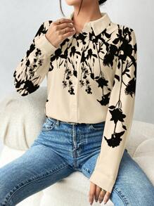 SHEIN Clasi 1 件女式前扣长袖花卉印花衬衫，日常休闲 - 杏色 - 查看 3