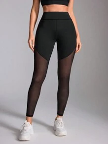 Gameset SHEIN Sport Quần legging tập yoga lưng cao phối lưới màu trơn cho nữ - màu đen - Xem 5
