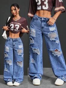 SHEIN PETITE 女士前扣口袋做旧简约牛仔裤，休闲日常穿着 - 中等水洗藍 - 查看 1