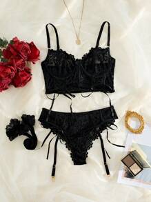 Floral Lace Underwire Garter Lingerie Set With 1pair Stocking, Baddie Look - Black - View 6