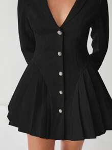 Enchnt Women's Solid Color Front Button Long Sleeve Casual Mini Dress - Black - View 6