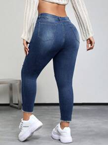 SHEIN EZwear 大码时尚百搭洗水破洞紧身牛仔裤 - 藍色 - 查看 2