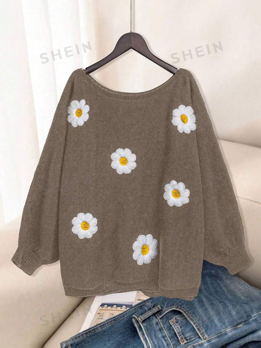 SHEIN LUNE Suéter holgado de punto con cuello redondo y estampado floral en relieve, casual y para uso diario, para otoño/invierno, tallas grandes