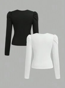 SHEIN 2 件 Tween 女童休闲复古花卉装饰圆领修身罗纹针织 T 恤，黑色和白色 - 黑與白 - 查看 2