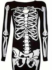 Pakaian Wanita Ukuran Besar dengan Motif Tengkorak Kerangka Horor Halloween - Hitam - View 3