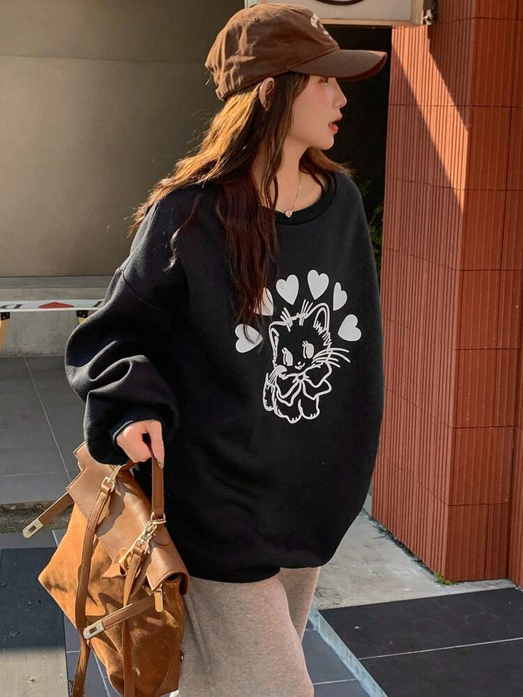 Women's Colorblock Cartoon Cat Print Round Neck Drop Shoulder Long Sleeve Loose Sweatshirt,Fall Women Clothes