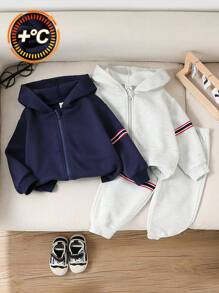 SHEIN 3 件套婴儿套装：灰色/黑色厚针织休闲连帽拉链夹克和松紧腰裤，适合秋冬季 - 藍白色 - 查看 1