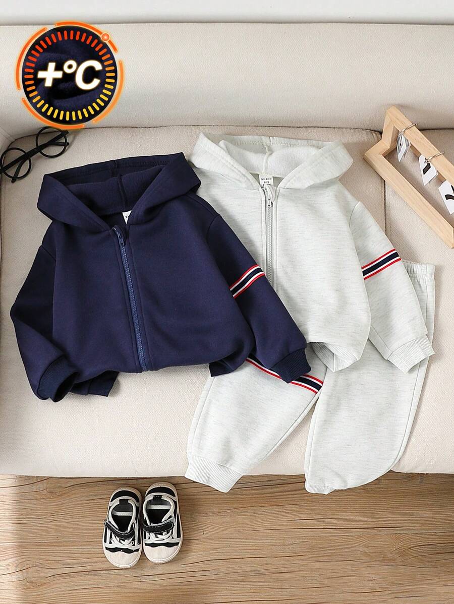 SHEIN 3 件套婴儿套装：灰色/黑色厚针织休闲连帽拉链夹克和松紧腰裤，适合秋冬季 - 藍白色 - 查看 1