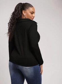 SHEIN Clasi Áo cánh đơn ngực cổ chữ V trơn cỡ lớn cho nữ, mùa xuân và mùa thu - màu đen - Xem 6