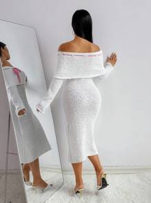 Zolique 全新纹理白色立领蝴蝶结露肩毛衣裙 - 白色 - 查看 2