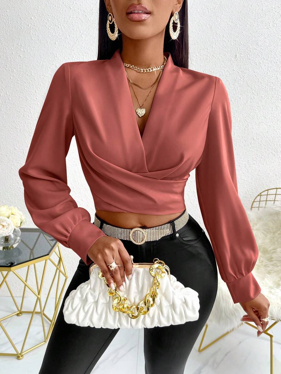 SOLERSUN Plunging Neck Lantern Sleeve Wrap Crop Blouse - Rusty Rose - View 1
