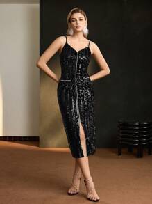 MOTF Soiréza SEQUINS FAUX PEARL TRIM SPLIT THIGH SLIP EVENING DRESS - Black - View 7