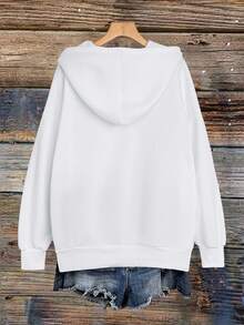 Calvaya 加大码女式蝴蝶结巴哥妈妈印花口袋卫衣，休闲长袖抽绳卫衣 - 白色 - 查看 2