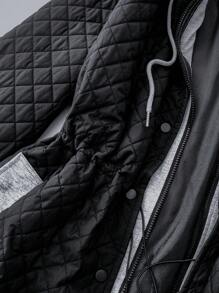 SHEIN LUNE 女士菱形图案绗缝夹克，收腰，修身，撞色黑灰色，休闲百搭，冬季服装 - 黑色 - 查看 7