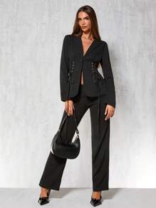 Glamine 1pc Women Casual Crossover Tie Side Blazer Jacket, Autumn Fall Cloth For Women - Black - View 2
