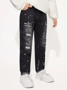 SHEIN Tween Boy Chic Fashion Street Daily Casual Hand-Made Color Spots Detail Ripped Cat Whiskers Detail Comfort Elastic Waist Zip Front Fastening Roll Up Hem Jeans With 5 Pockets, Boys Must-Have All Year Fashion Item