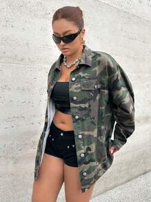 SHEIN EZwear Plus Size Front Button Long Sleeve Fake Pocket Camouflage Minimalist Casual Denim Jacket - Multicolor - View 1