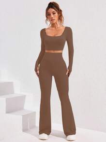 Women Solid Square Collar Long Sleeve Cropped T-Shirt & Flared Pants Sports Set Gym Set Workout Women Set