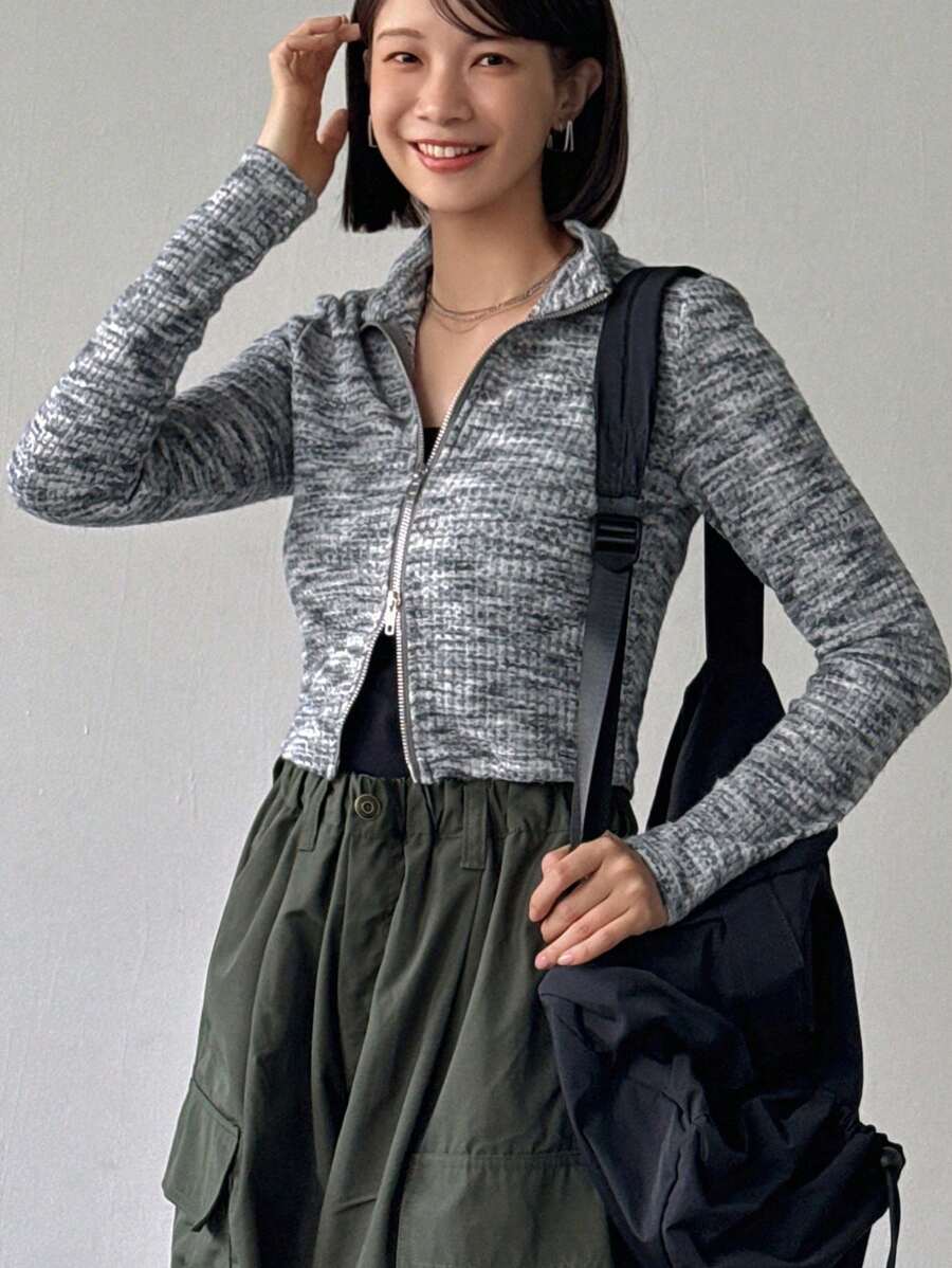 FRIFUL Women's Casual Textured Zip-Up Jacket, Suitable For Autumn Daily Wear - Multicolor - View 1