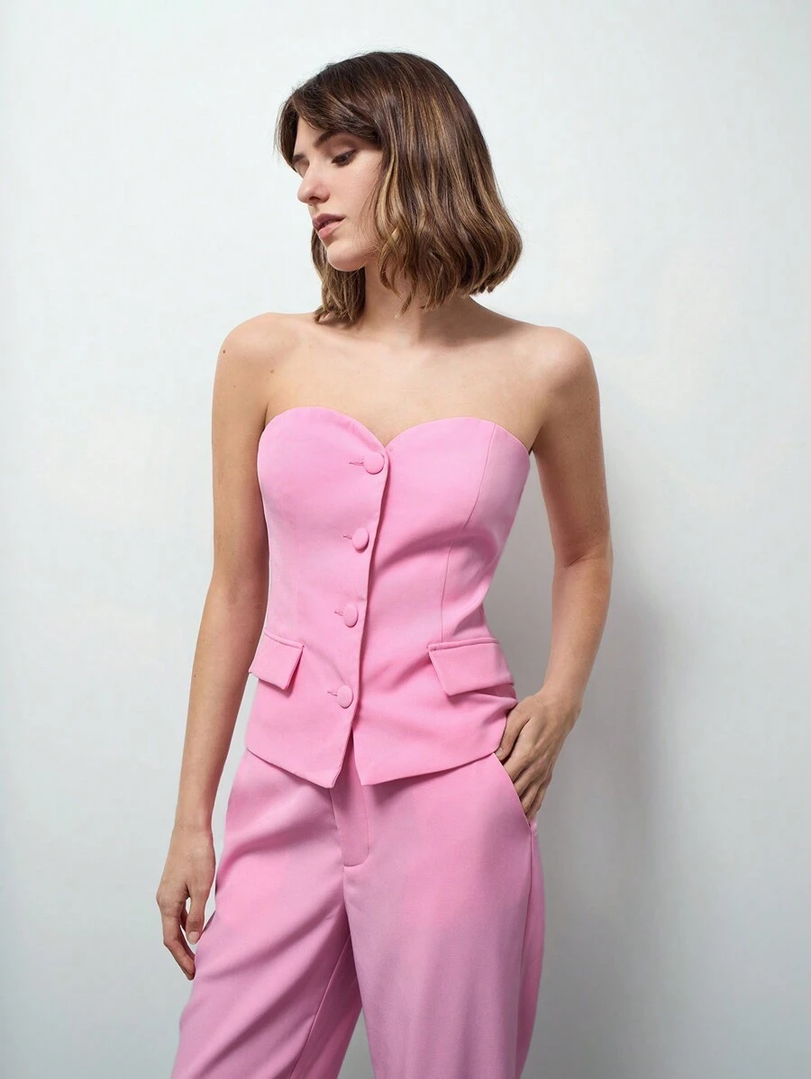 Maija Bộ đồ thời trang tối giản màu hồng trơn giản dị đầu xuân cho nữ có túi giả có nút cài phía trước, quần túi trang trí, bộ thời trang Giáng sinh cho quý cô - Hồng - Xem 1