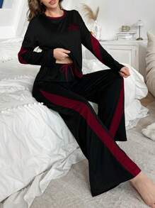 Bộ đồ ngủ nữ in chữ khối màu, chi tiết ấm cúng và thanh lịch, trang phục thu đông - Màu Đỏ Sâu - Xem 6