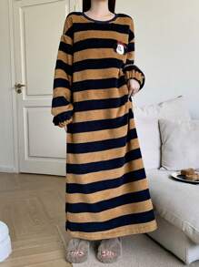 DAZY Thick Striped Flannel Nightgown With Cute Cartoon Pattern, Loose Fit For Winter Pajama,Thermal Lined - Coffee Brown - View 8
