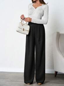 SHEIN 100%Cotton Plus Women's Linen Beige Wide Leg Pants - Black - View 3