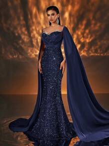 Glamrae 优雅网眼透视 V 领水钻链条亮片拼接缎面裹胸超长盖袖鱼尾长款晚礼服，正式舞会礼服，适合婚礼宾客、毕业典礼、晚宴、派对礼服 - 藏蓝色 - 查看 6