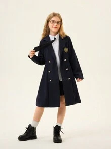 SHEIN Explorewe Tween Girl College Style Collared Jacket For Early Autumn Casual Wear - Navy Blue - View 4