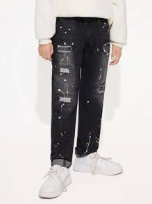 SHEIN Tween Boy Chic Fashion Street Daily Casual Hand-Made Color Spots Detail Ripped Cat Whiskers Detail Comfort Elastic Waist Zip Front Fastening Roll Up Hem Jeans With 5 Pockets, Boys Must-Have All Year Fashion Item