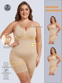 2pcs Plus Size Women's Seamless Camisole Jumpsuit Shapewear - Waist Cincher, Butt Lifter, Open Back Design - Apricot - View 1