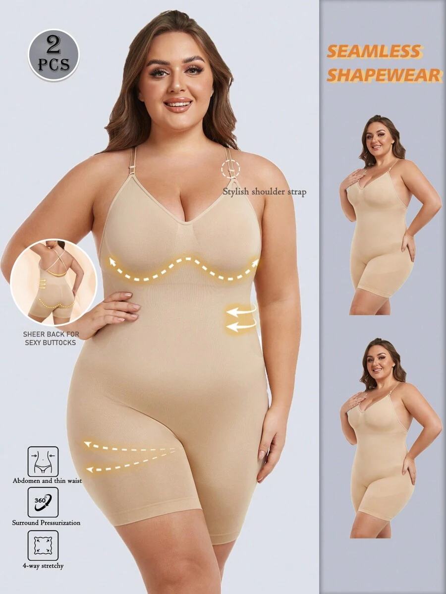 2pcs Plus Size Women's Seamless Camisole Jumpsuit Shapewear - Waist Cincher, Butt Lifter, Open Back Design - Apricot - View 1