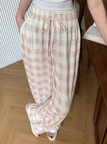 DAZY Casual Simple Loose Plaid Lounge Pants Pajama - Apricot - View 4