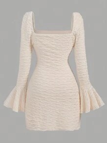 Girlism Teen Girls Apricot Knit Textured Long Sleeve Sheer Flare Sleeve Elegant Vintage Casual Dress