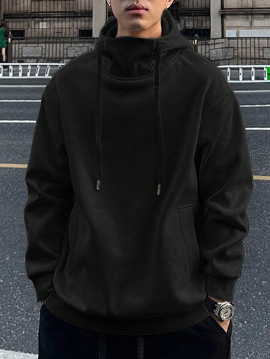 Claim Dot Sudadera con capucha de unicolor y bolsillo, de manga larga y minimalista para hombre, para uso casual diario en otoño - Negro - Ver 1