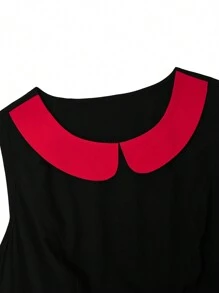 SHEIN Clasi Plus Size Contrast Color Peter Pan Collar Sleeveless A-Line Dress - Black - View 5