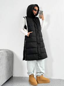 SHEIN EZwear Women's New Solid Color Hooded Sleeveless Mid-Length Down& Feathers Vest With Pockets, Winter - Black - View 4