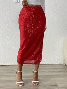 Chiquease 优雅派对合身开衩中长裙，纯色亮片，适合新年假期派对服装