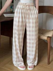 DAZY Casual Simple Loose Plaid Lounge Pants Pajama - Apricot - View 8