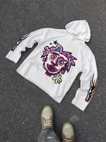 PAVTROS Manfinity Streetrush Men's Street Style Long Beard Cartoon Big Head Portrait Hooded Sweatshirt, Arm Flame Print, Autumn And Winter White Sweatshirt Vacation Graphic Long Sleeve Hoodie, For Friends, Husband, Boyfriend Gifts - White - View 1