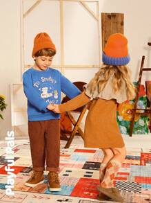 SHEIN Set de 2 piezas para niños pequeños - Suéter de cuello redondo de manga larga con estampado de dibujos animados lindo/vintage/casual/de vuelta a la escuela y pantalones, adecuado para la escuela y exteriores, primavera/otoño/invierno