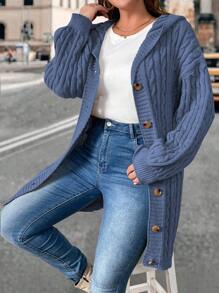 SHEIN Unity 大码女士时尚休闲长袖纽扣连帽灯笼袖纯色罗纹针织开衫毛衣夹克，适合冬季 - 藏蓝色 - 查看 6