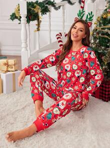 SHEIN Bộ đồ ngủ dài tay in họa tiết Giáng sinh vui nhộn tối giản cho nữ, trang phục thường ngày - Đỏ - Xem 3