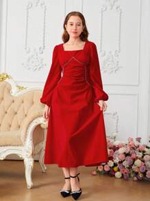 Đầm midi chữ A cổ vuông tay đèn lồng đính đá xẻ eo màu đỏ thanh lịch cho bé gái tuổi teen, phù hợp cho trang phục thanh lịch hàng ngày, tiệc tùng, Giáng sinh - Màu Đỏ Sâu - Xem 4