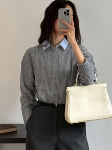 DAZY Autumn New Round Neck Solid Color Sweater For Women - Grey - View 5