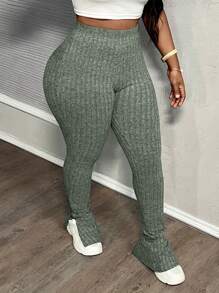 Slaydiva 休闲弹性腰部罗纹羊毛喇叭腿开衩裤，海军蓝 - 軍綠色 - 查看 5