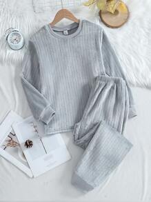 2 件装 Tween 男童加厚保暖长袖上衣和长裤睡衣套装，冬季 - 灰色 - 查看 3