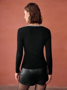 MOTF 仿珍珠饰边修身罗纹针织毛衣