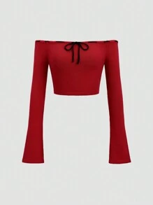 SHEIN Unity 女士可爱露肩系带长袖针织套头衫秋冬款 - 紅色 - 查看 1