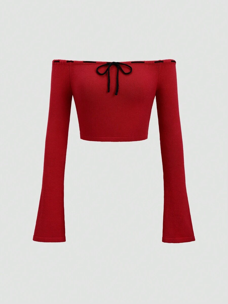 SHEIN Unity 女士可爱露肩系带长袖针织套头衫秋冬款 - 紅色 - 查看 1